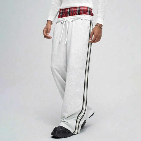 Men's Grey Wide-Leg Sweatpants | Plaid Waistband and Side Stripe | Custom Streetwear Manufacturer