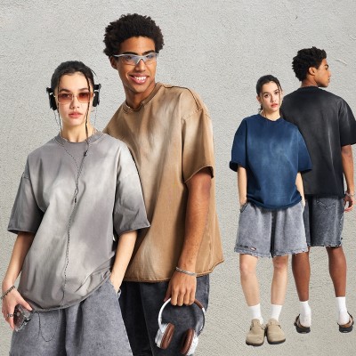 Custom Men's Spray-Dye Distressed Tee | Destroyed Collar and Frayed Hem| OEM Streetwear