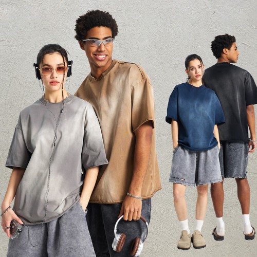 Custom Men's Spray-Dye Distressed Tee | Destroyed Collar and Frayed Hem| OEM Streetwear