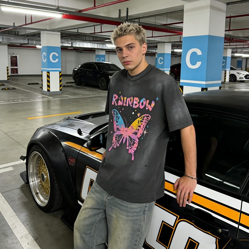 Distressed Washed Rainbow Butterfly Tee