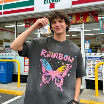 Distressed Washed Rainbow Butterfly Tee | Screen Printing and Puff Print | Custom Streetwear Manufacturer