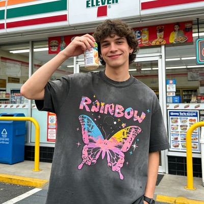 Distressed Washed Rainbow Butterfly Tee | Screen Printing and Puff Print | Custom Streetwear Manufacturer