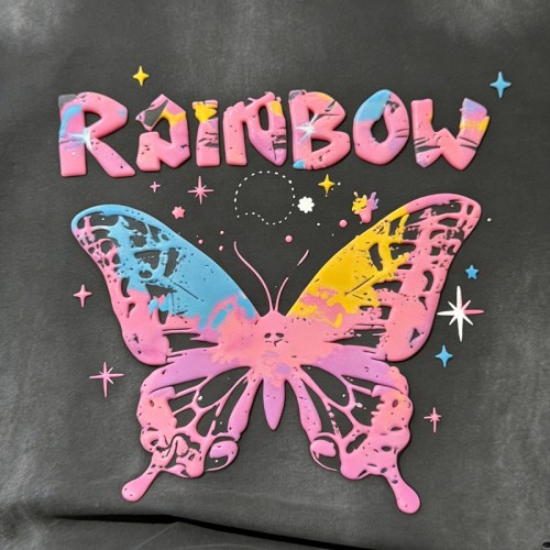 Distressed Washed Rainbow Butterfly Tee | Screen Printing and Puff Print | Custom Streetwear Manufacturer