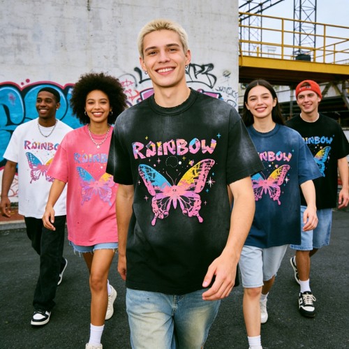 Distressed Washed Rainbow Butterfly Tee | Screen Printing and Puff Print | Custom Streetwear Manufacturer