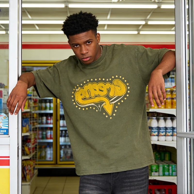 Washed Towel Embroidery Rhinestone T-Shirt