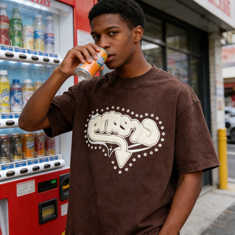 Washed Towel Embroidery Rhinestone T-Shirt