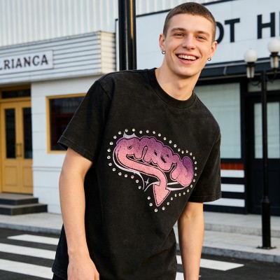 Washed Towel Embroidery Rhinestone T-Shirt | Distressed Washed | Oversized Fit |Custom Streetwear