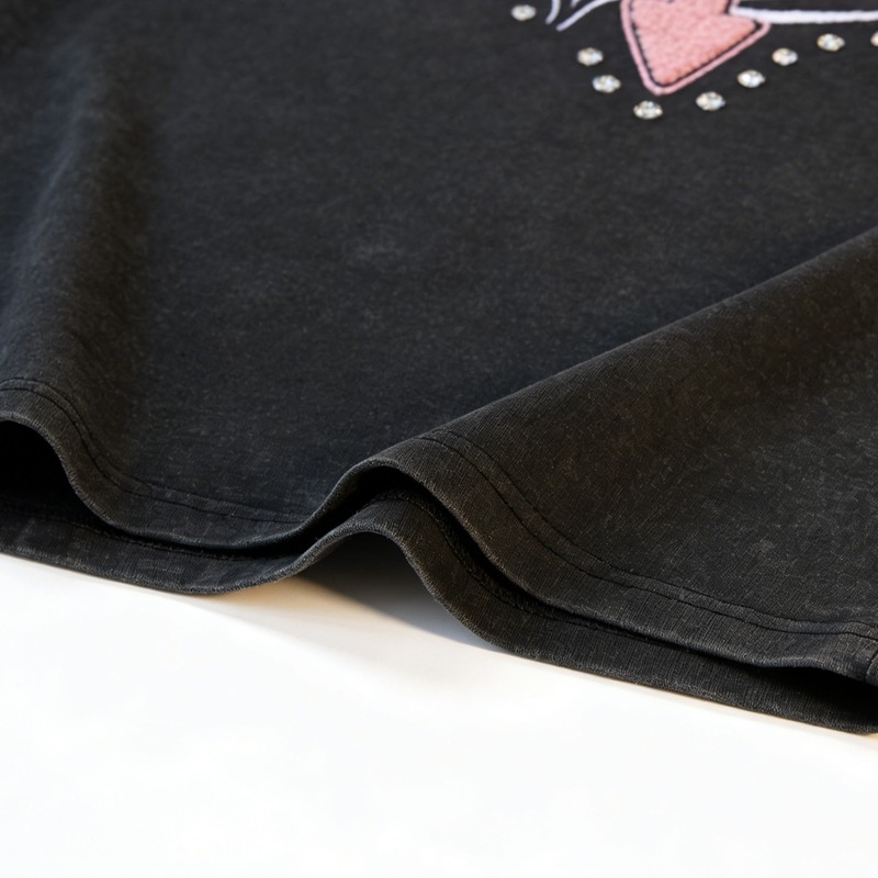 Washed Towel Embroidery Rhinestone T-Shirt