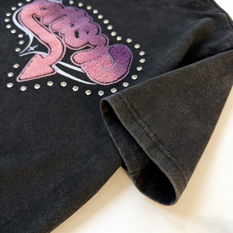Washed Towel Embroidery Rhinestone T-Shirt
