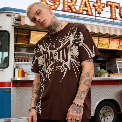 Brown Embroidered T-Shirt | Retro Street Aesthetic | Oversized Fit | Streetwear Manufacturer