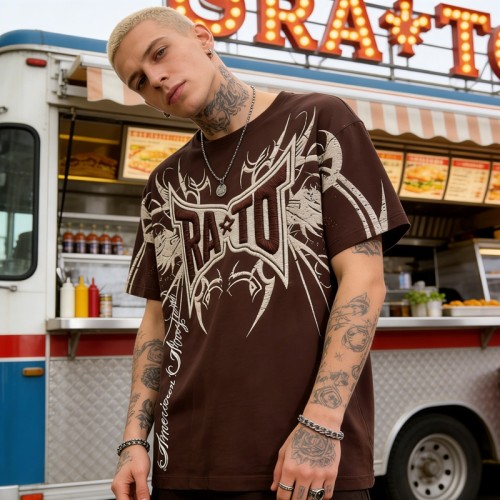 Brown Embroidered T-Shirt | Retro Street Aesthetic | Oversized Fit | Streetwear Manufacturer