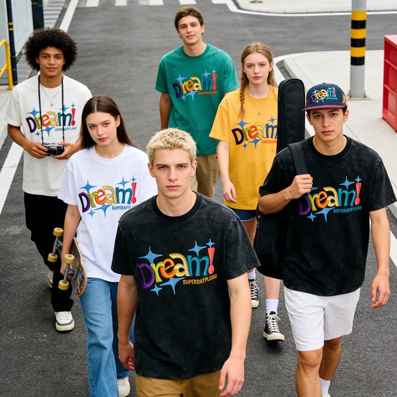 Distressed Washed Colorful Dream Embroidered T-Shirt 