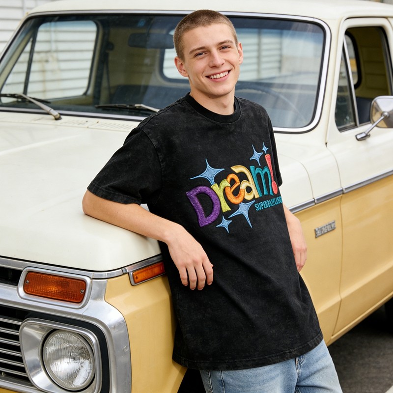 Distressed Washed Colorful Dream Embroidered T-Shirt 