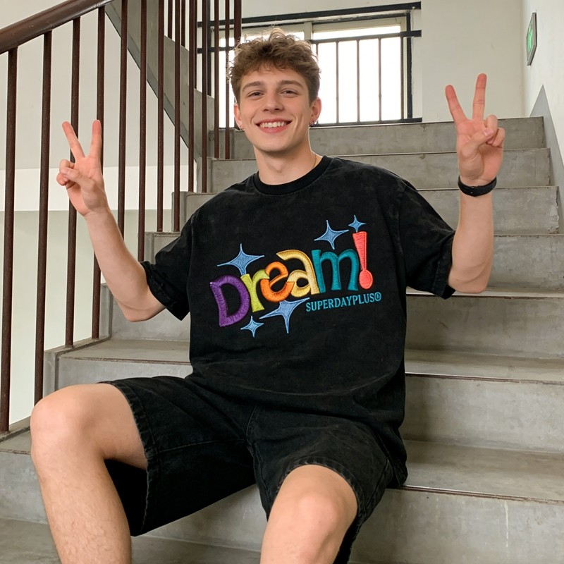 Distressed Washed Colorful Dream Embroidered T-Shirt 