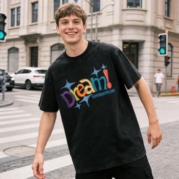 Distressed Washed Colorful Dream Embroidered T-Shirt | Pure Cotton and Oversized Fit | Custom Streetwear