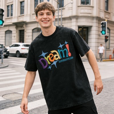Distressed Washed Colorful Dream Embroidered T-Shirt | Pure Cotton and Oversized Fit | Custom Streetwear