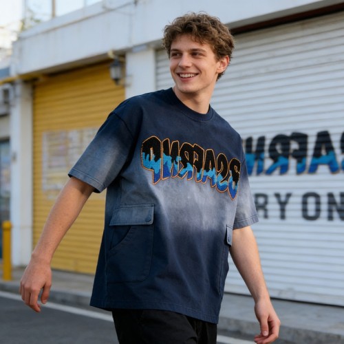 Sun Faded Gradient Towel Embroidery T-Shirt | Retro Street Look | Oversized and Multi-Pocket Design | OEM Streetwear