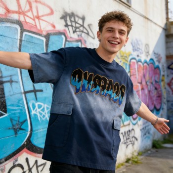 Sun Faded Gradient Towel Embroidery T-Shirt | Retro Street Look | Oversized and Multi-Pocket Design | OEM Streetwear