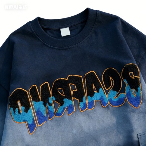 Sun Faded Gradient Towel Embroidery T-Shirt | Retro Street Look | Oversized and Multi-Pocket Design | OEM Streetwear