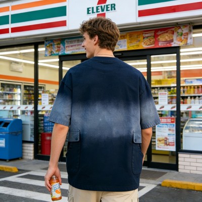 Sun Faded Gradient Towel Embroidery T-Shirt | Retro Street Look | Oversized and Multi-Pocket Design | OEM Streetwear