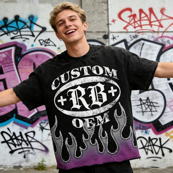 Vintage Washed Distressed T-Shirt | Screen Print and Rhinestone | Custom Streetwear Manufacturer