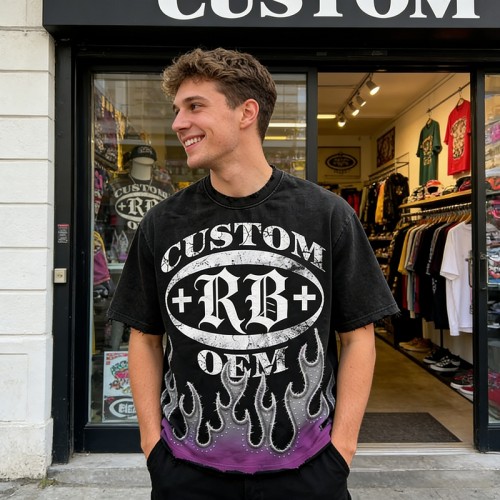 Vintage Washed Distressed T-Shirt | Screen Print and Rhinestone | Custom Streetwear Manufacturer