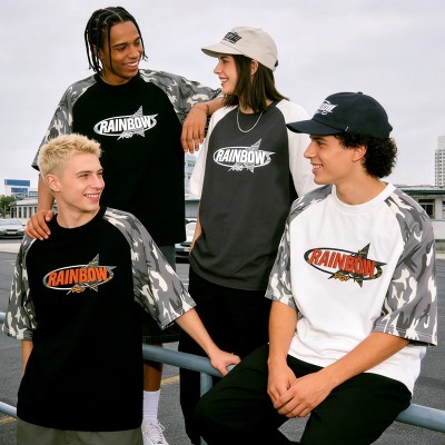 3D Embroidery Camo Raglan T-Shirt | Patchwork Sleeve | Cotton Blend | Custom Streetwear Manufacturer