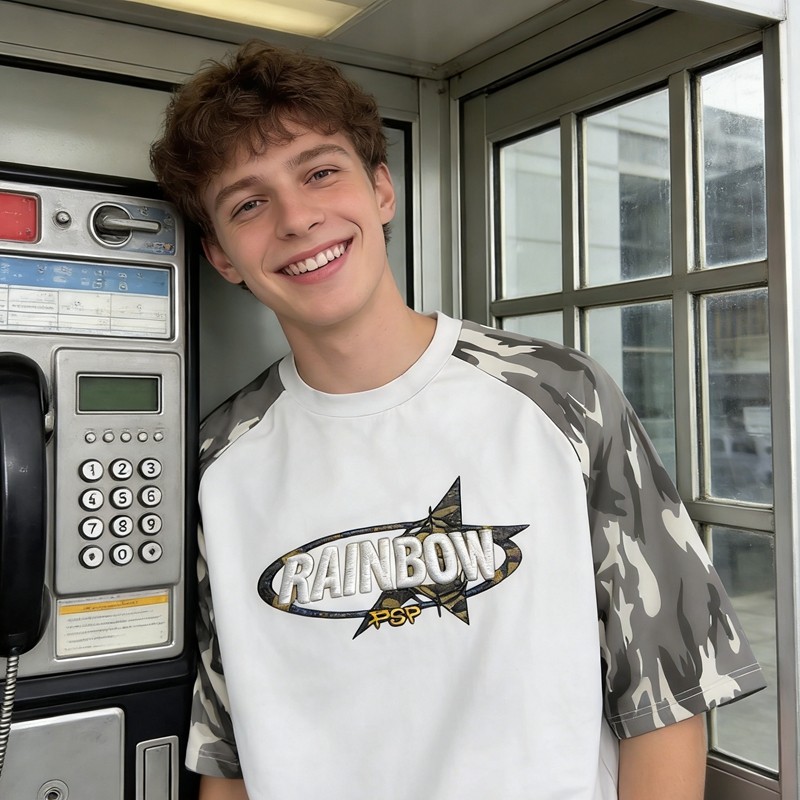 3D Embroidery Camo Raglan T-Shirt