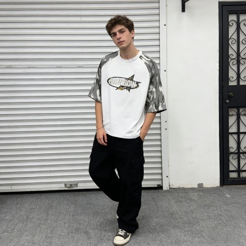 3D Embroidery Camo Raglan T-Shirt | Patchwork Sleeve | Cotton Blend | Custom Streetwear Manufacturer