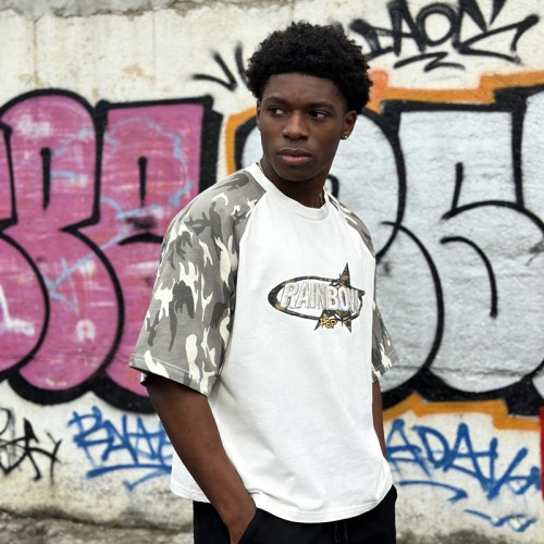 3D Embroidery Camo Raglan T-Shirt | Patchwork Sleeve | Cotton Blend | Custom Streetwear Manufacturer