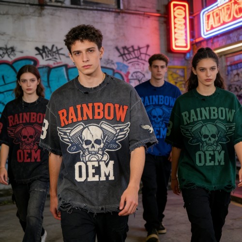 Spray Color Distressed Raw Edge Applique T-Shirt | Vintage Washed | 100% Cotton | OEM Streetwear