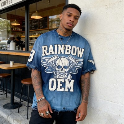 Spray Color Distressed Raw Edge Applique T-Shirt | Vintage Washed | 100% Cotton | OEM Streetwear