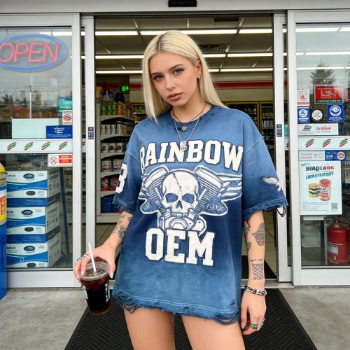 Spray Color Distressed Raw Edge Applique T-Shirt | Vintage Washed | 100% Cotton | OEM Streetwear