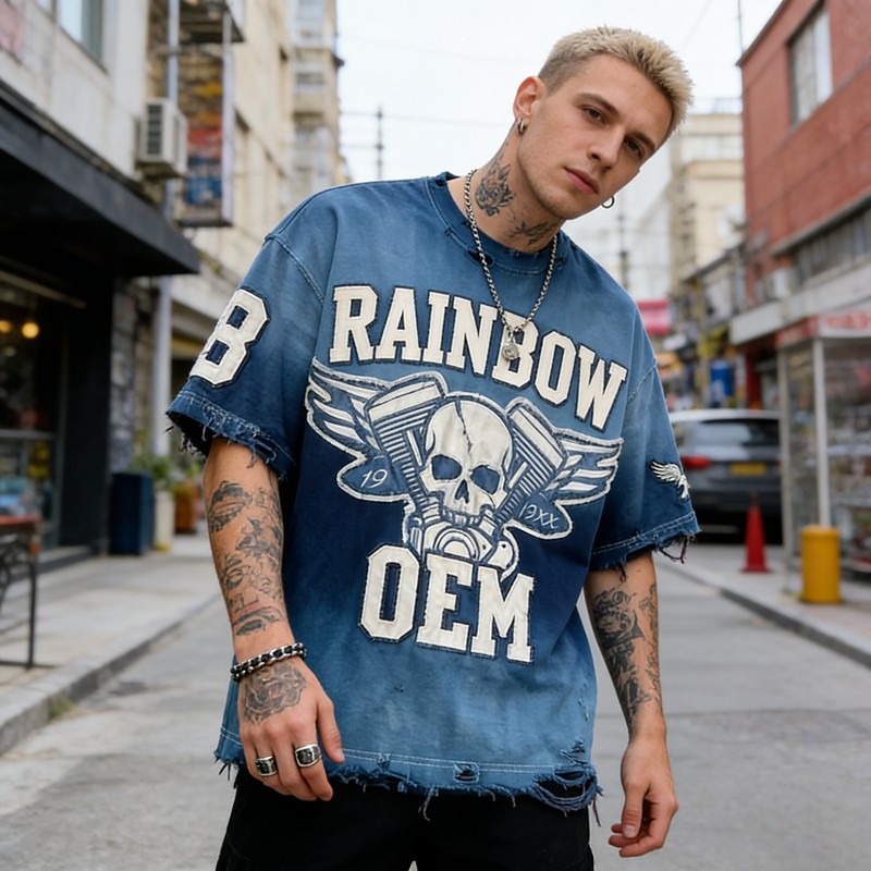 Spray Color Distressed Raw Edge Applique T-Shirt