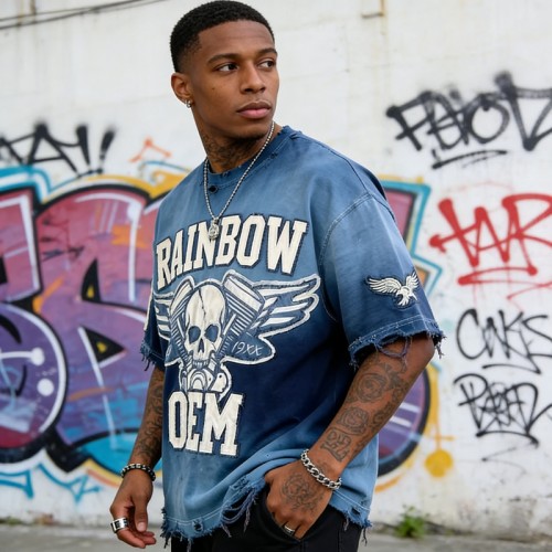 Spray Color Distressed Raw Edge Applique T-Shirt | Vintage Washed | 100% Cotton | OEM Streetwear