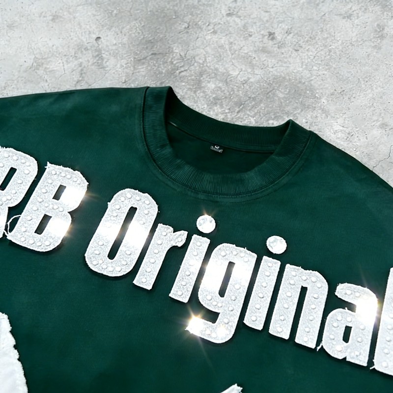 Applique Rhinestone Spray Color T-Shirt