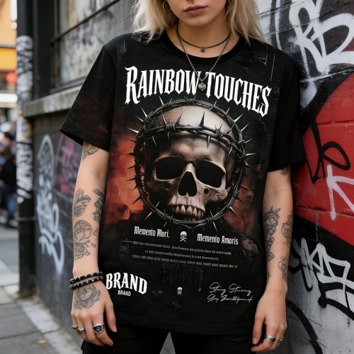 Sublimation Print Skull Thorn Graphic Tee | Gothic Punk Style | Breathable Fabric | OEM Streetwear