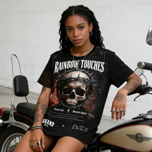 Sublimation Print Skull Thorn Graphic Tee | Gothic Punk Style | Breathable Fabric | OEM Streetwear