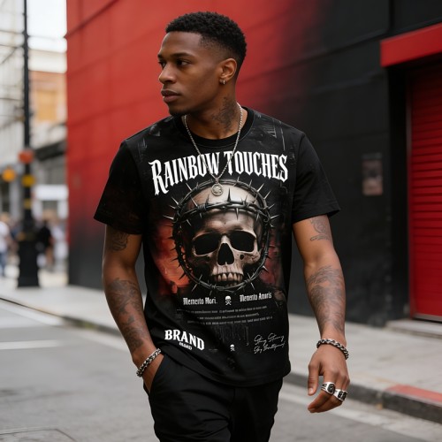 Sublimation Print Skull Thorn Graphic Tee | Gothic Punk Style | Breathable Fabric | OEM Streetwear