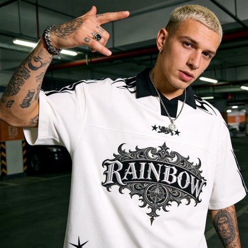 Rainbow 3D Embroidered Polo Shirt | Gothic Flame Design | Streetwear | Custom Streetwear Manufacturer