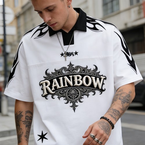 Rainbow 3D Embroidered Polo Shirt | Gothic Flame Design | Streetwear | Custom Streetwear Manufacturer
