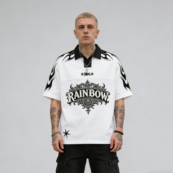 Rainbow 3D Embroidered Polo Shirt | Gothic Flame Design | Streetwear | Custom Streetwear Manufacturer