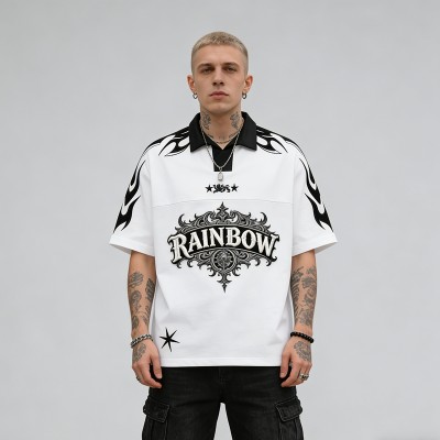 Rainbow 3D Embroidered Polo Shirt | Gothic Flame Design | Streetwear | Custom Streetwear Manufacturer