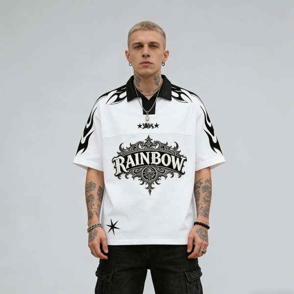 Rainbow 3D Embroidered Polo Shirt | Gothic Flame Design | Streetwear | Custom Streetwear Manufacturer