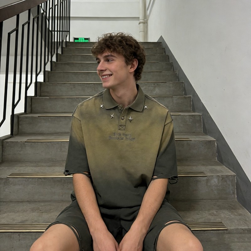 Spray Color Distressed Polo Shirt