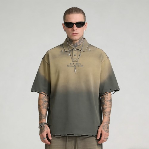 Spray Color Distressed Polo Shirt | Metal Rivets and Embroidery | Streetwear | OEM Streetwear