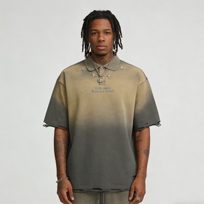 Spray Color Distressed Polo Shirt | Metal Rivets and Embroidery | Streetwear | OEM Streetwear