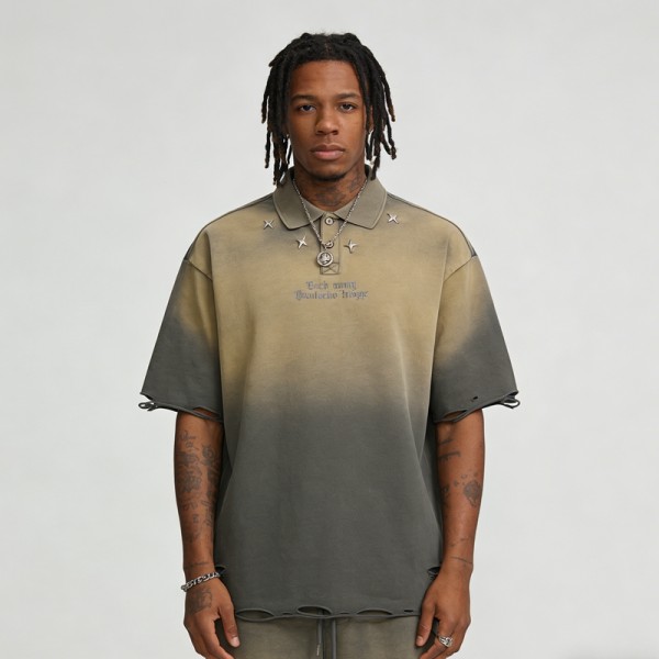 Spray Color Distressed Polo Shirt | Metal Rivets and Embroidery | Streetwear | OEM Streetwear