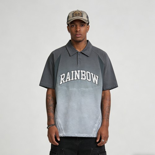 Washed Vintage Color Block Polo | Applique and Spray Color | Custom Streetwear Manufacturer
