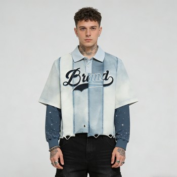 Double Layer Rhinestone Embroidered Patchwork Polo | Distressed Ripped | Custom Clothing Manufacturer